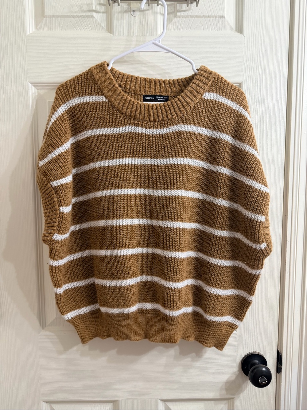 SHEIN Camel and White Striped Crewneck Sweater